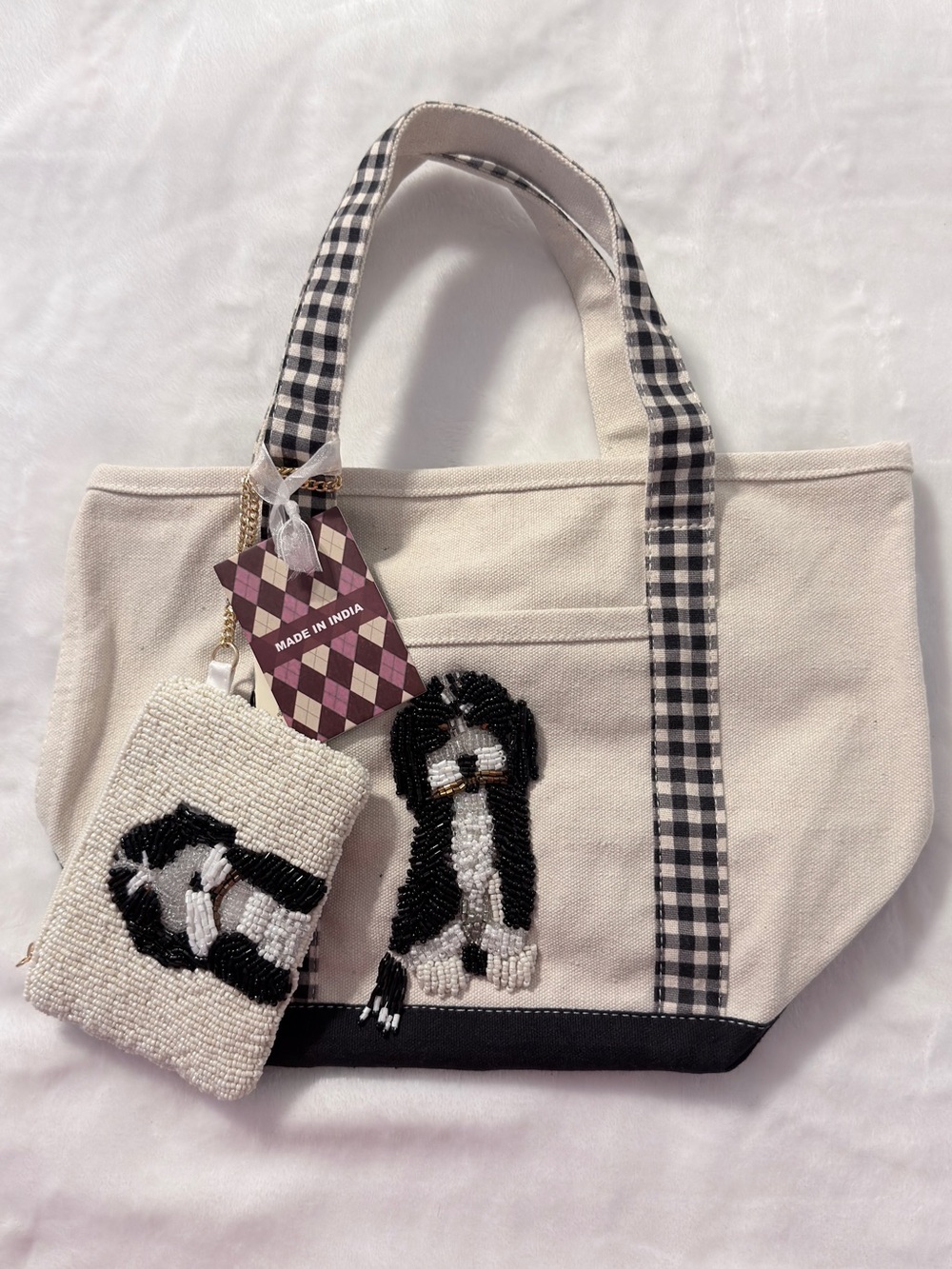 Canvas Beaded Dog Tote Bag with Check Handle - Cream and Black